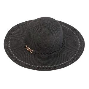 Womens Madd Hatter Solid Large Brim Metal Charm Black Straw Hat